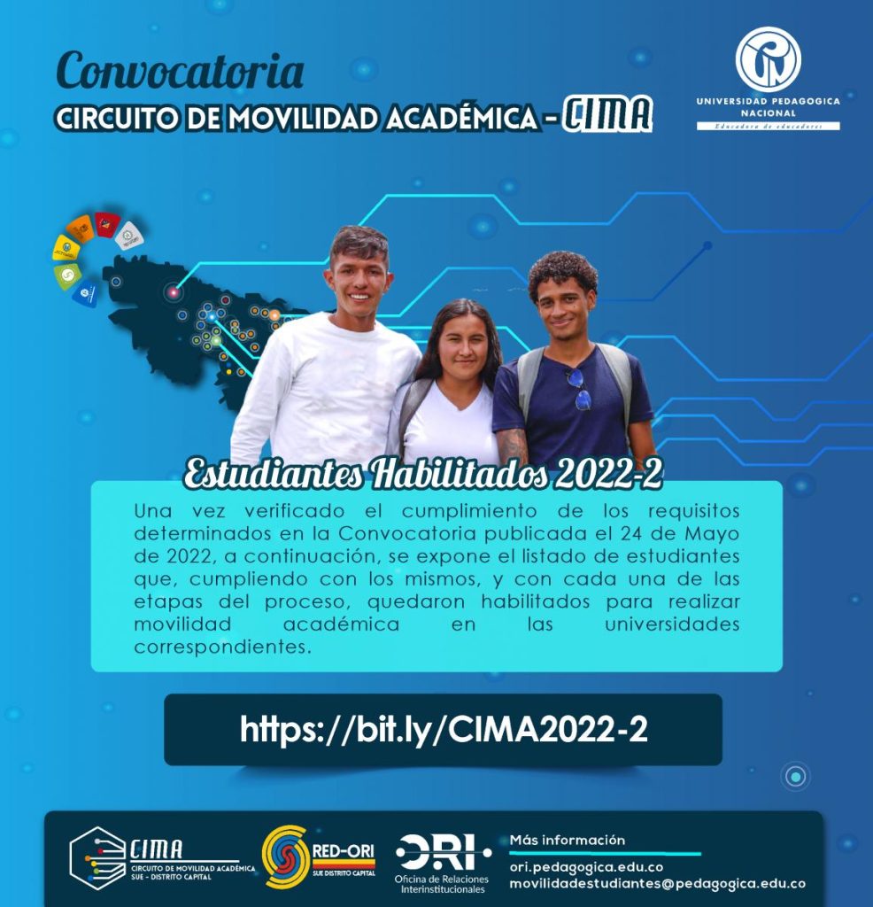 La Oficina de Relaciones Interinstitucionales de la Universidad Pedagógica Nacional de Colombia (ORI-UPN), informa que una vez verificado el cumplimiento de los requisitos determinados en la Convocatoria publicada el 24 de Mayo de 2022, a continuación, se expone el listado de estudiantes que, cumpliendo con los mismos, y con cada una de las etapas del proceso, quedaron habilitados para realizar movilidad académica en las universidades correspondientes.